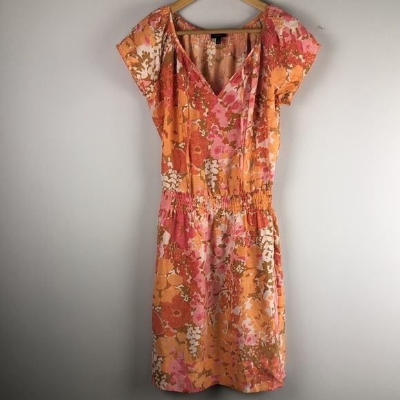 Talbots 100% Silk Smocked Blouson Knee Length Spring Summer Dress Print Pockets - Picture 10 of 16